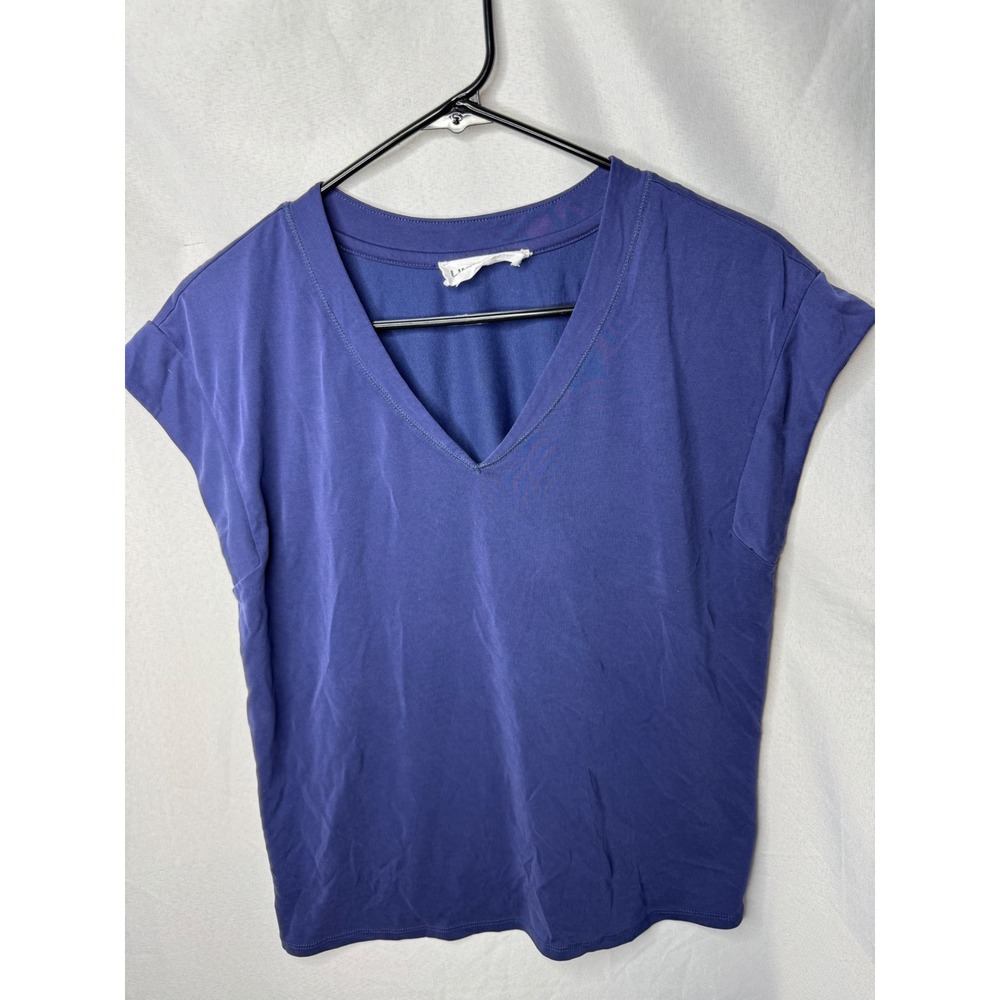 Lily Star Womens V-Neck Cap Sleeve T-Shirt Purple Size Small Relaxed Fit Top